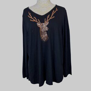 Quacker Factory Jeanne Bice Long Sleeve Black Tee Copper Sequin Deer Tee NWT XL